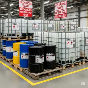 A compliant scheduled waste storage area with correctly labeled drums and IBCs, meeting all DOE requirements.