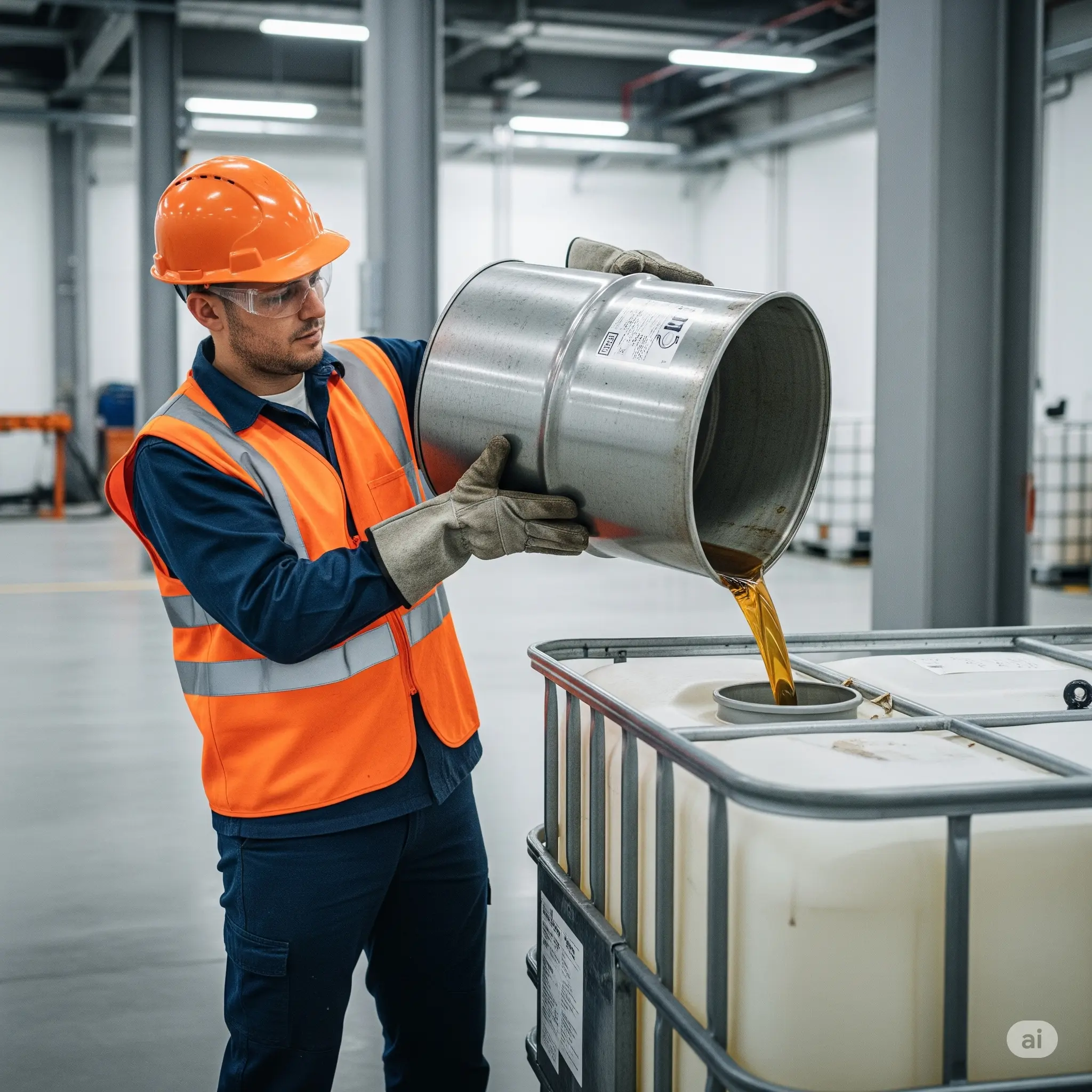 A trained technician performing compliant industrial oil waste disposal by transferring used oil into a secure IBC container.