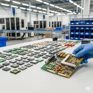 A technician carefully handling a circuit board, showcasing the latest e-waste management trends like urban mining.