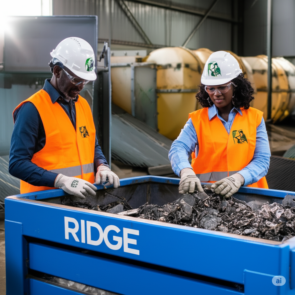 Two Ridge Amber technicians in full safety gear carefully inspecting and sorting scheduled waste materials in a container.