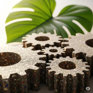 Industrial gears made from recycled materials, representing the circular economy in Malaysia.