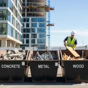 An image of an orderly construction site showcasing a construction waste management plan in action. Large, labeled bins for concrete, metal, and wood are visible, with a worker correctly sorting materials. This illustrates sustainable building practices.