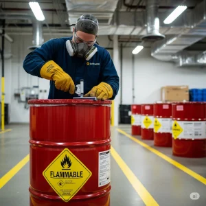 A technician safely securing a drum of flammable paint and solvent waste for compliant disposal.