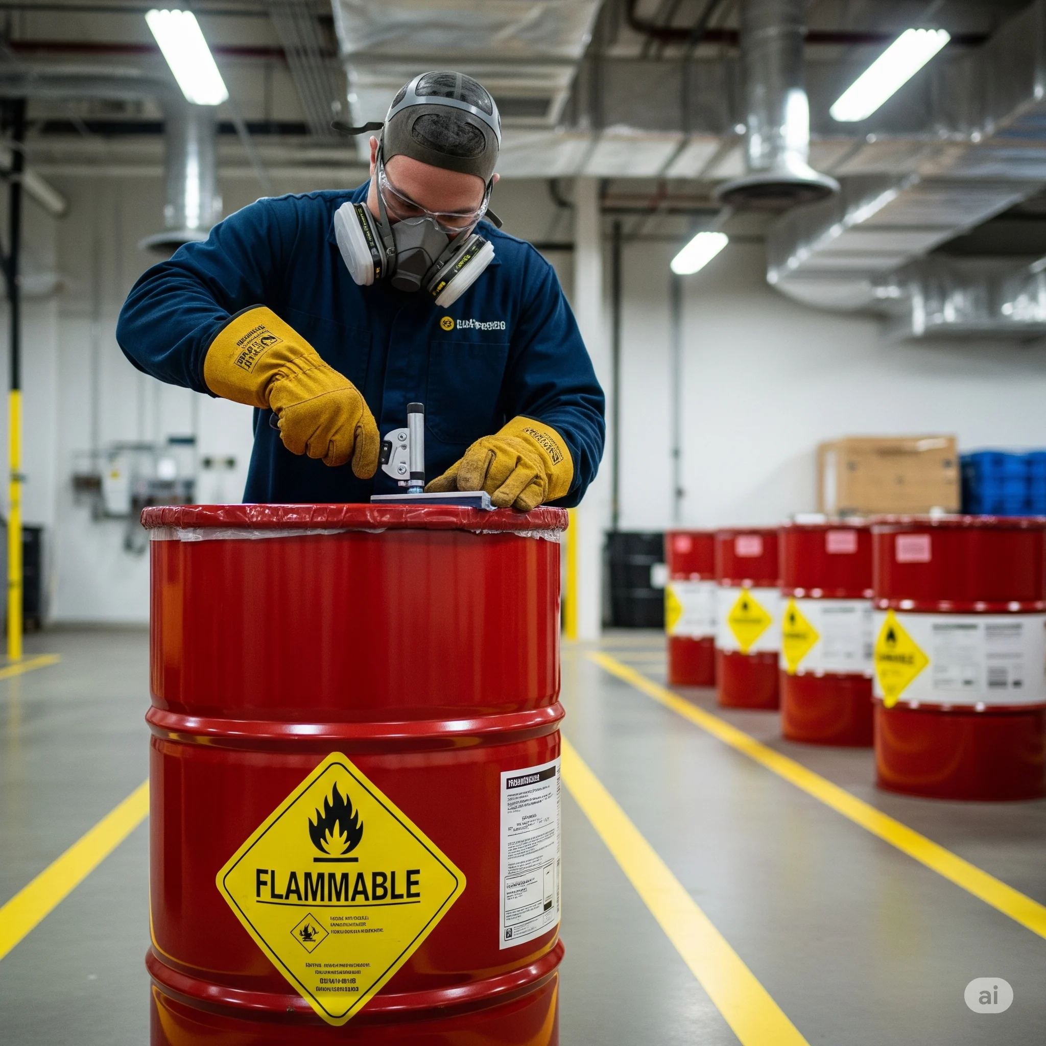 A technician safely securing a drum of flammable paint and solvent waste for compliant disposal.