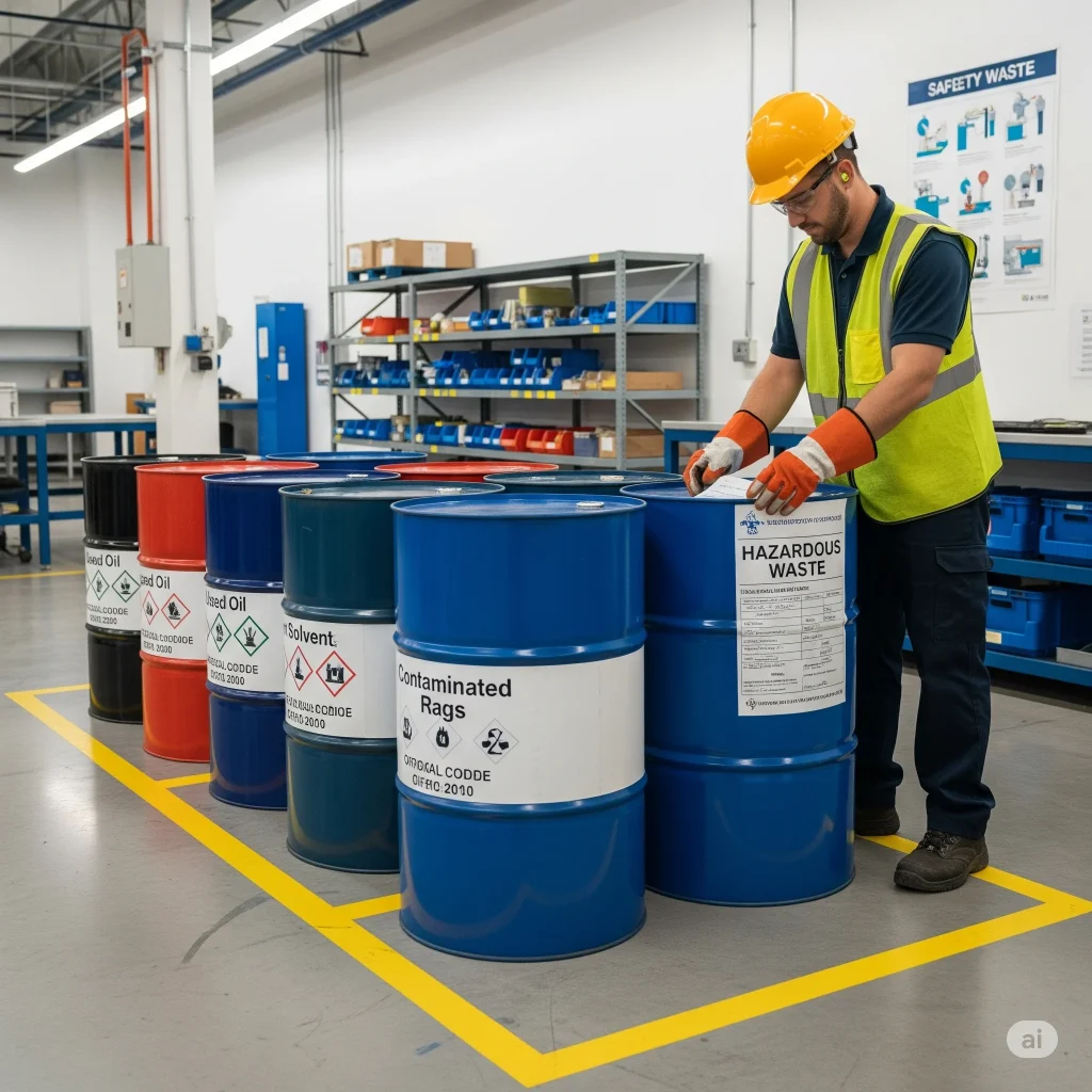 A worker correctly labeling a drum in a designated on-site scheduled waste management area, following compliance procedures.