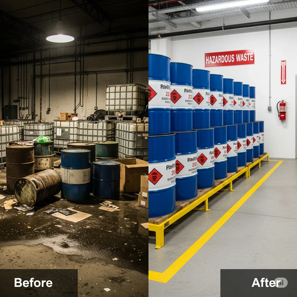 A comparison showing common scheduled waste storage mistakes versus a safe, compliant storage area.