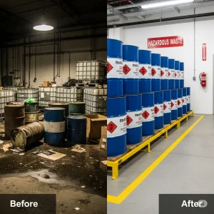 A comparison showing common scheduled waste storage mistakes versus a safe, compliant storage area.