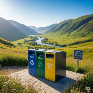 A photorealistic image depicting a sunny, green landscape with clearly marked, color-coded recycling bins for glass, plastic, and paper. This image illustrates the positive outcome of the environmental importance of waste management, showing a clean and sustainable future.