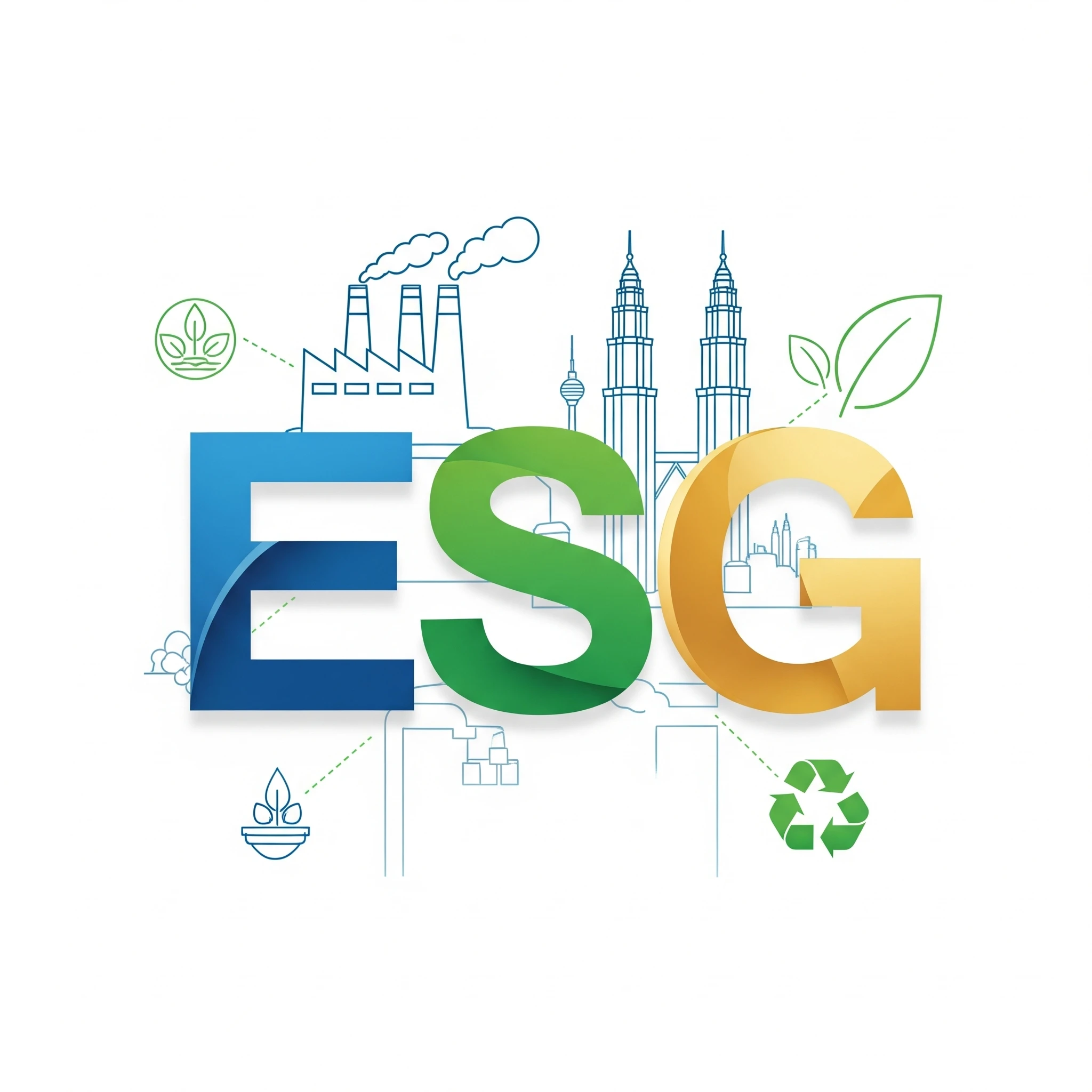 A graphic illustrating how ESG reporting in Malaysia is crucial for industrial businesses, showing the letters E, S, and G.