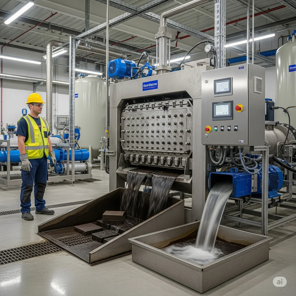 A dewatering press processing material as part of a compliant industrial sludge disposal process.