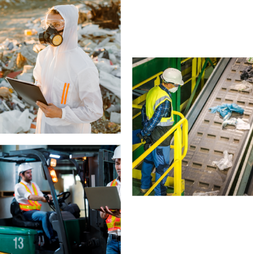 Comprehensive Industrial Waste Management Solutions A collage showing Ridge Amber's comprehensive waste management services, including hazardous material handling, recycling, and on-site logistics.